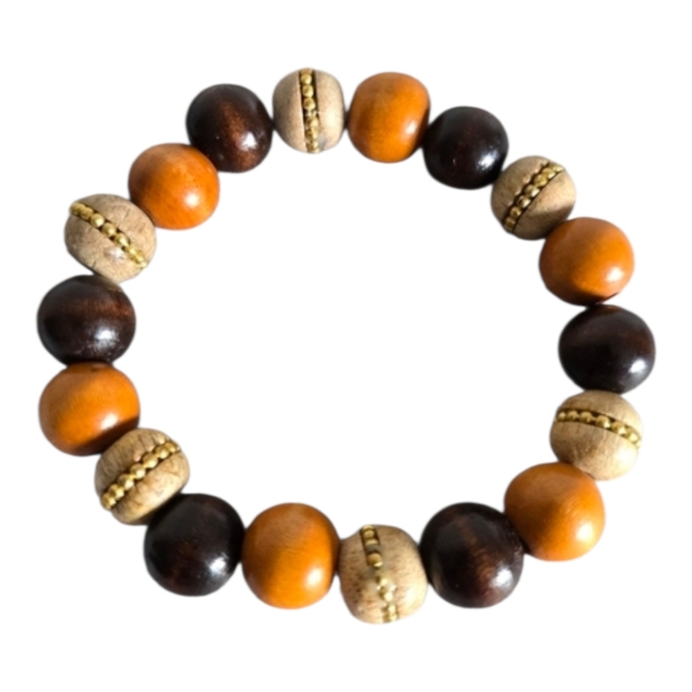 Brown Tan Wood Beaded Stretch Bracelet